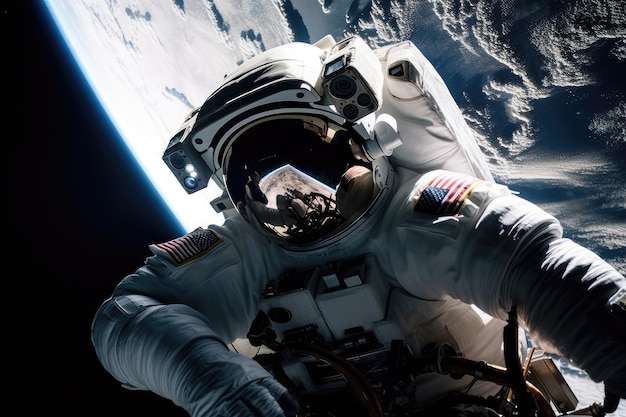 Astronauta z gwiazdami świecącymi w tle podczas spaceru kosmicznego stworzonego za pomocą generatywnej sztucznej inteligencji