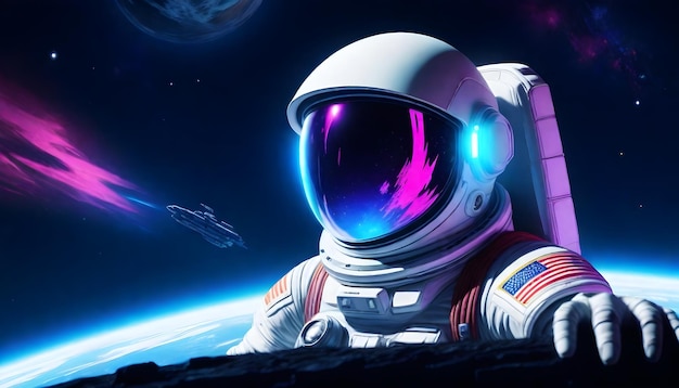 Astronauta z odblaskową fioletową osłoną