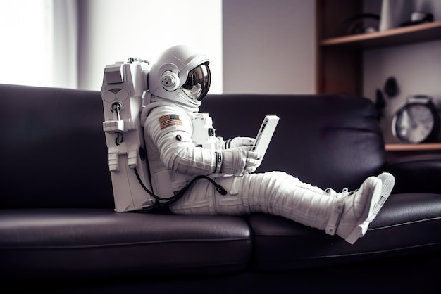 Zdjęcie astronauta za pomocą komputera typu tablet, siedząc na kanapie w domu generative ai
