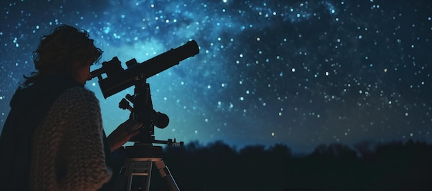 Zdjęcie astronom patrzący przez teleskop z powrotem na widzów gwiazdiste nocne niebo skupia się na sylwetce i teleskopu poczucie zdumienia i eksploracji