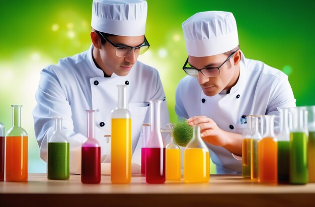 Asystenci laboratoryjni w płaszczu laboratoryjnym i okularach bezpieczeństwa przeprowadzają eksperymenty chemiczne z żywnością