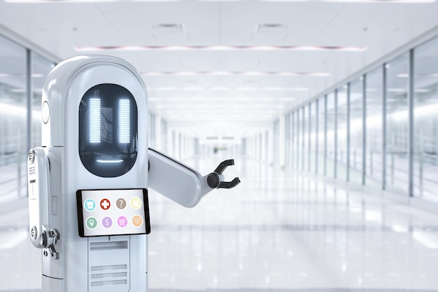 Zdjęcie asystent robota z cyfrowym ekranem w szpitalu