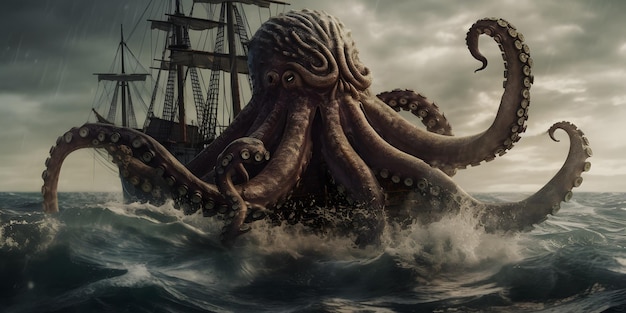 Atak Krakena lub Cthulhu na statek w oceanie