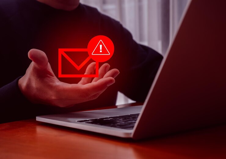 Atak oszustów za pomocą SMS spam phishing koncepcja komunikacji internetowej Czerwona koperta z ikoną ostrzegawczą w ręku hakerów, którzy używają laptopa cyberatak wysyłanie oszustw malware rozprzestrzenianie wirusów e-mail