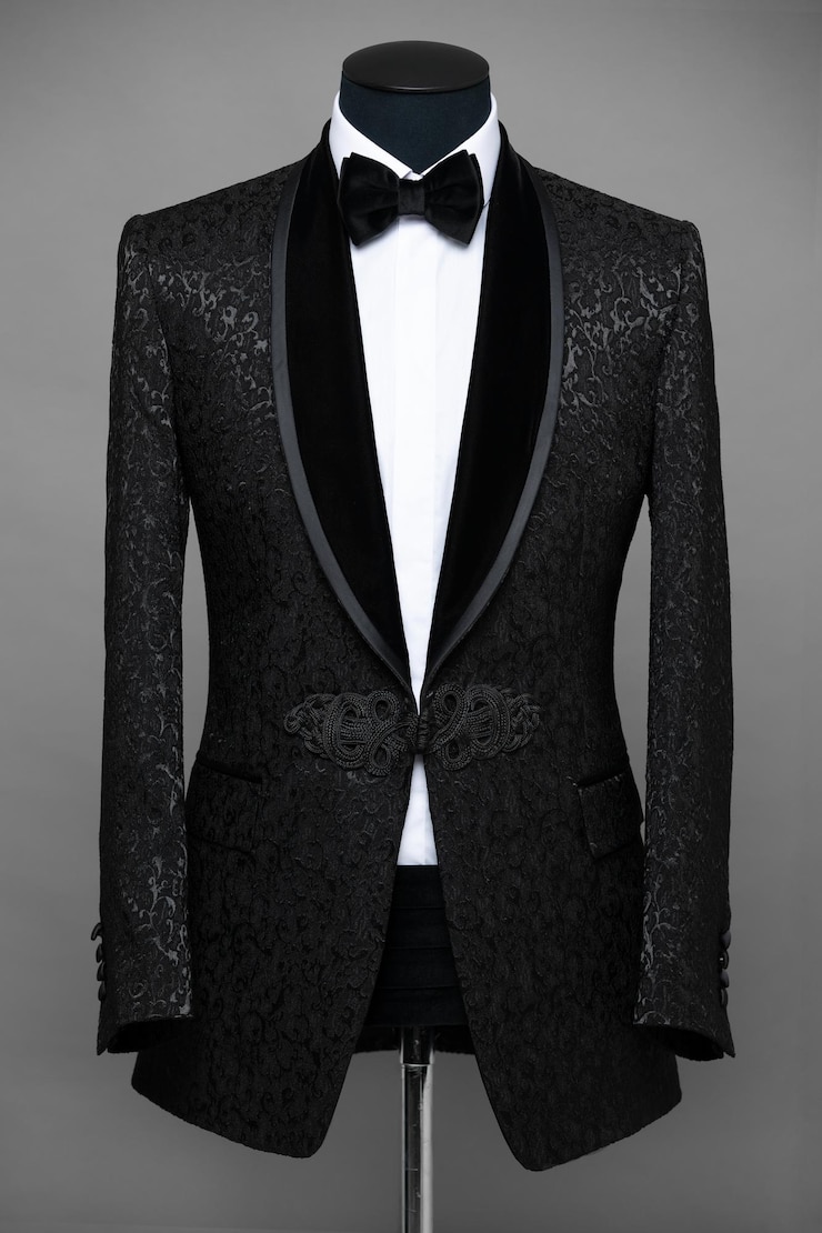 Zdjęcie atelier do naprawy ubrań stylowy wygląd wygląd mody męski wygląd styl weselny koncepcja mody odzież markowa klasyczny kostium garnitur na czarnym tle wystawa sklepowa styl klasyczny szare tło