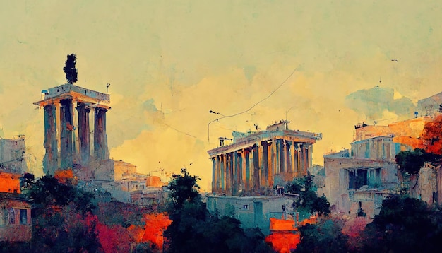 Ateny punkt orientacyjny ateńskie świątynie i ulice Malowanie ilustracji