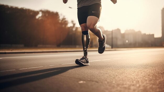 Atletyczny mężczyzna z protezą nogi biega na świeżym powietrzu, ćwiczenia i koncepcja sportowa