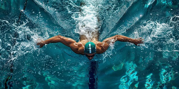 Atletyczny pływak zanurza się w wodzie, tworząc dynamiczne rozpryski.