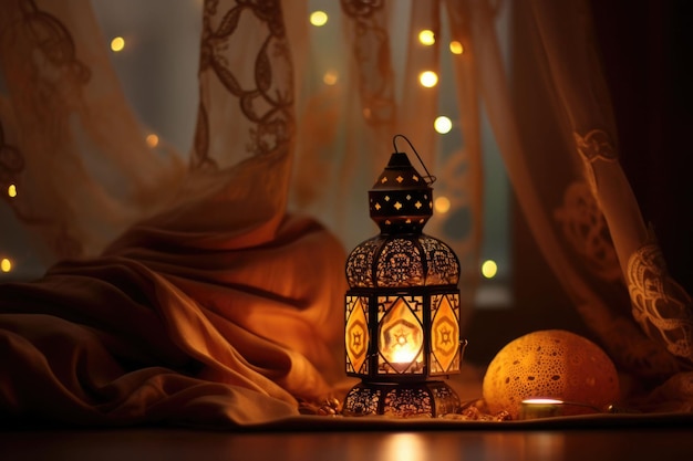 Atmosfera Ramadan Kareem Lampa na rozmytym tle ozdobiona światłami kurtynowymi generowanymi przez AI