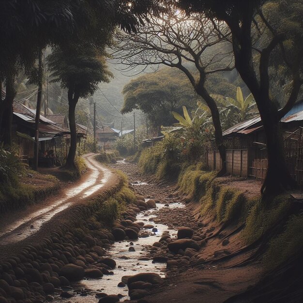 Atmosfera wsi w Indonezji z rzekami i lasami