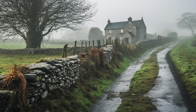 Atmosferyczne zdjęcie mglistego ranka na irlandzkim wsi