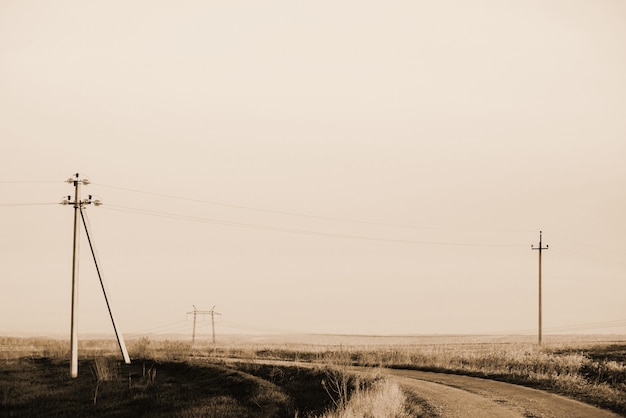 Atmosferyczny Krajobraz Z Liniami Energetycznymi W Polu Z Polną Drogą Pod Sepiowym Niebem. Tło Wizerunek Elektryczni Filary Z Copyspace. Przewody Wysokiego Napięcia. Przemysł Elektryczny W Trybie Monochromatycznym.