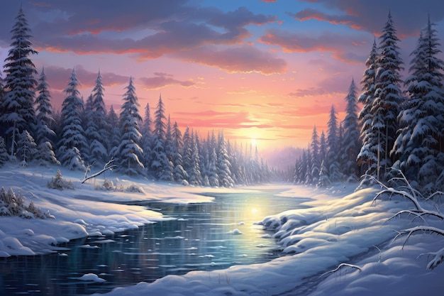 Atmosferyczny wieczorny zimowy krajobraz