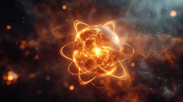 Zdjęcie atomowy taniec, sfery subatomowe, elektrony, neutrony i protony krążą wokół stałego jądra w modelowym pustym przestrzeni w obrębie atomów, pokazując ustalone przewidywalne ścieżki w skomplikowanym świecie fizyki cząstek.