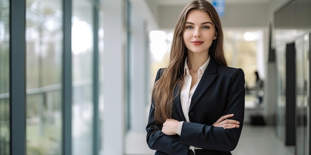 Atrakcyjna brunetka biznesowa kobieta ubrana w garnitur w biurze