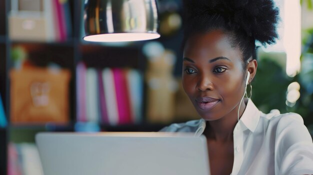 Atrakcyjna czarna bizneswoman używająca laptopa do rozmowy wideo z kolegami z biznesu Komunikacja z zespołem