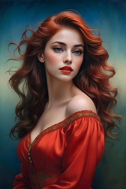 Atrakcyjna czerwona kobieta ubrana w czerwony portret