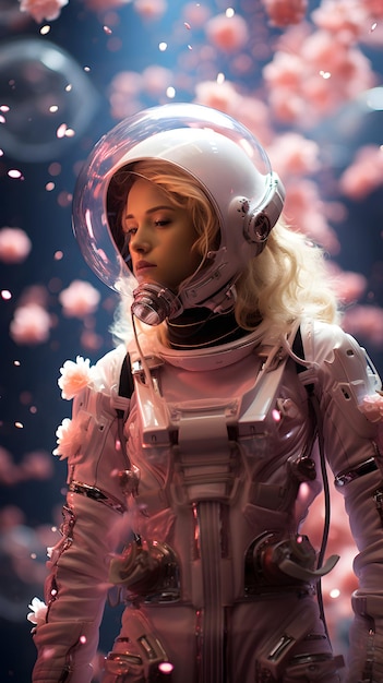 Atrakcyjna dziewczyna w hełmie astronauty i portrecie AI w skafandrze kosmicznym