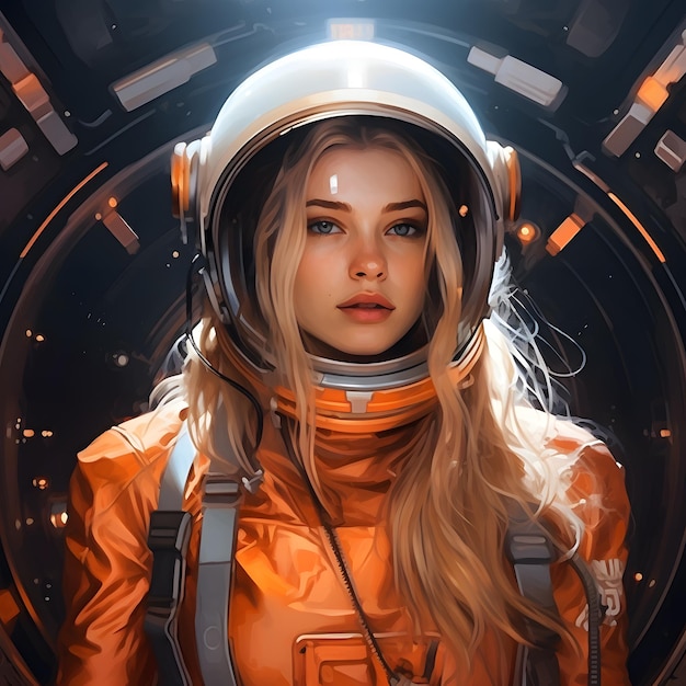 atrakcyjna dziewczyna w kosmicznym hełmie z wizjerem koncepcja podróży kosmicznych i podboju odległych światów Eksploracja odległych planet