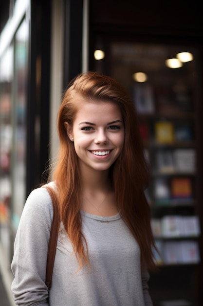 Atrakcyjna i uśmiechnięta młoda kobieta stojąca przed księgarnią stworzoną za pomocą generatywnej sztucznej inteligencji