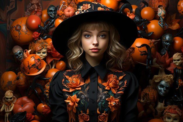 Zdjęcie atrakcyjna kobieta czarownica w czarnym kapeluszu z dynią i czaszką na tle tematu halloween