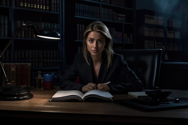 Atrakcyjna kobieta prawnik w garniturze biznesowym pisząca artykuł prawniczy w biurze księgowym