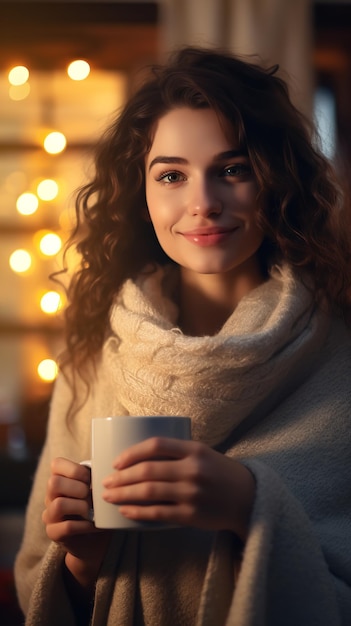Atrakcyjna młoda kobieta ciesząca się porannym słońcem, trzymając filiżankę kawy Generacyjna sztuczna inteligencja