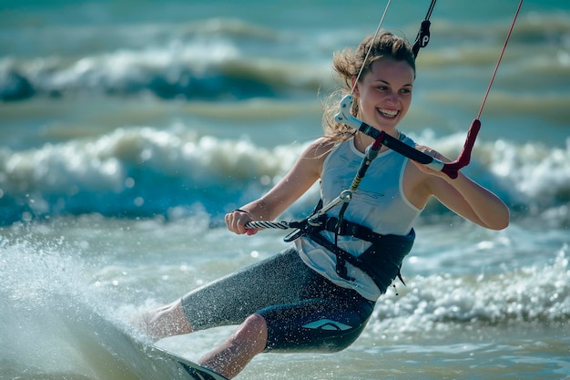 Atrakcyjna młoda kobieta kitesurfuje w morzu.
