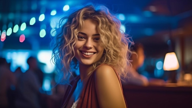 Atrakcyjna młoda kobieta uśmiecha się w klubie w nocy Generative AI
