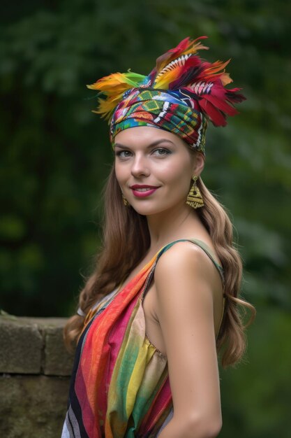 Atrakcyjna młoda kobieta w kolorowym nakryciu głowy stojąca na zewnątrz stworzona za pomocą generatywnej sztucznej inteligencji