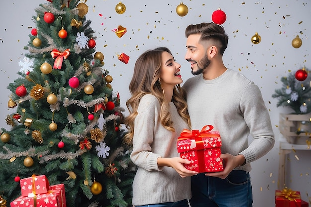 Atrakcyjna młoda para świętuje Boże Narodzenie i Nowy Rok razem z konfetami, choinkami i ozdobionymi choinkami.