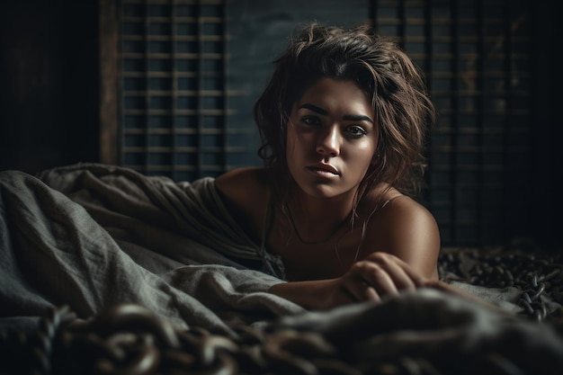 Atrakcyjna opalona kobieta leżąca na łóżku generatywna AI