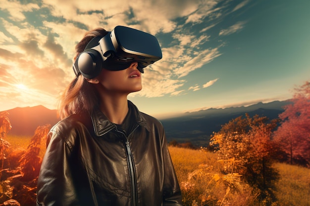Atrakcyjna osoba nosząca zestaw słuchawkowy do wirtualnej rzeczywistości badająca przyrodę za pomocą rozwiązań cyfrowych