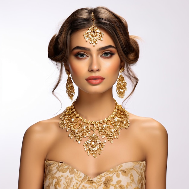 Atrakcyjna, piękna, urocza kobieta ze złotymi biżuteriami.