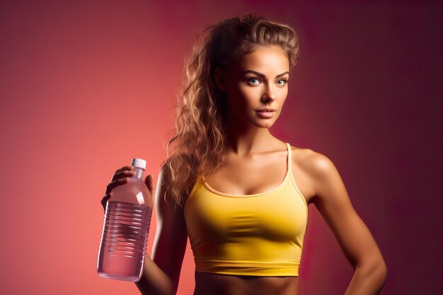 Atrakcyjna sportowa kobieta w odzieży sportowej trzymająca butelkę wody w kolorowym, minimalistycznym tle