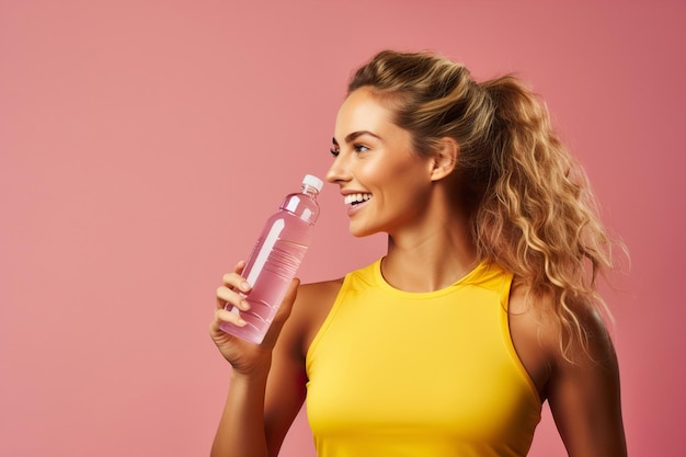 Atrakcyjna sportowa kobieta w odzieży sportowej trzymająca butelkę wody w kolorowym, minimalistycznym tle