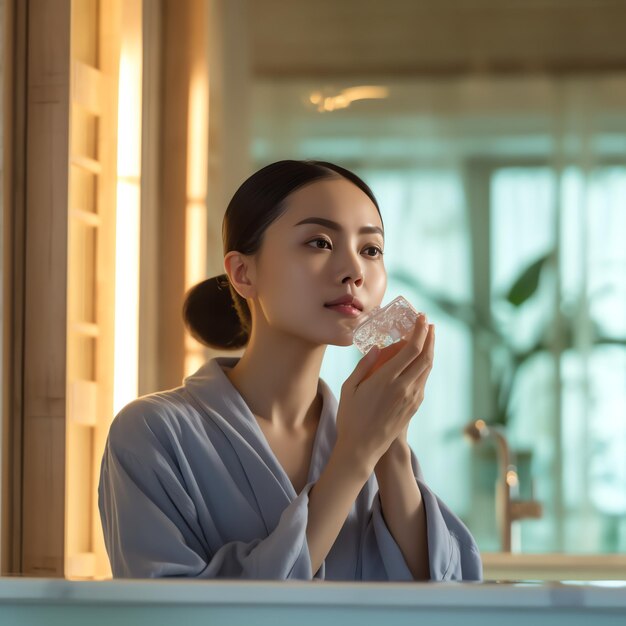 Atrakcyjna świeżość azjatycka kobieta czysta twarz świeża woda z troskliwym spojrzeniem na lustro w łazience w domu