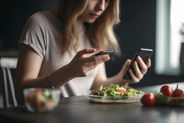 Atrakcyjna, szczupła kobieta liczy zawartość kalorii w żywności za pomocą aplikacji na smartfony