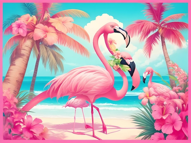 Atrakcyjne słońce na plaży Pink Flamingo z palmami i tropikalnymi kwiatami Fotografia AI Generuj