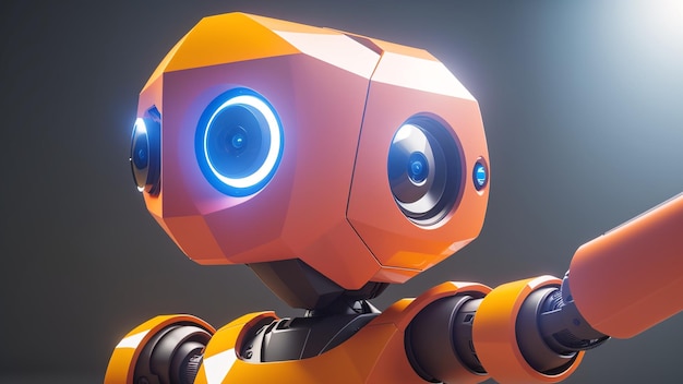 Atrakcyjnie wyglądający pomarańczowy robot z niebieskimi oczami i czarnym tłem AI Generative