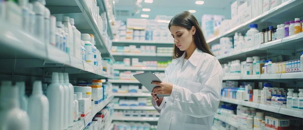 Atrakcyjny biały farmaceuta używa tabletu do sprawdzania zapasów leków, leków, witamin i produktów zdrowotnych w aptece