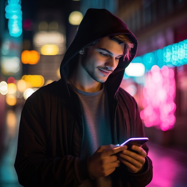 Atrakcyjny mężczyzna używający smartfona na ulicy, miasto, noc, tło, styl życia i technologia.