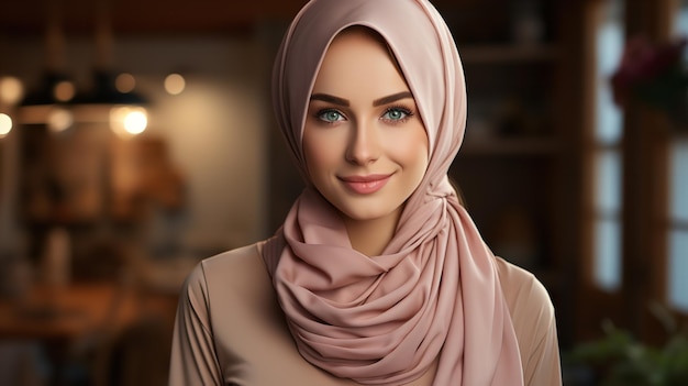 Atrakcyjny obraz arabskiej kobiety ubranej na Ramadan w islamskim chustce i hidżabie Generatywna sztuczna inteligencja