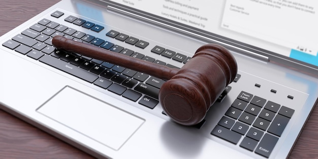 Aukcja Koncepcja prawa cybernetycznego Drewniany młotek sędziego na tle klawiatury laptopa Powyżej renderowania 3d