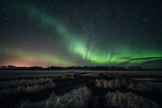 Aurora aurorae tańczą nad polem nieruchomych gwiazd i planet utworzonych za pomocą generatywnej sztucznej inteligencji