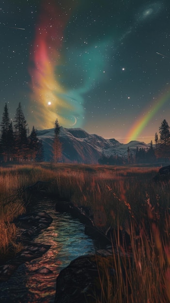 Aurora Borealis i deszcz meteorów uściskają się podczas zaćmienia Słońca minimalistycznie