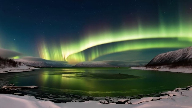 Aurora Borealis nad fiordem zimą Islandia Generatywna sztuczna inteligencja