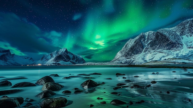 Aurora borealis nad Hamnoy w Norwegii Generative Ai