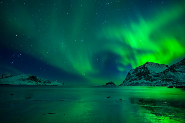 Aurora borealis nad morzem na tle nocnego nieba