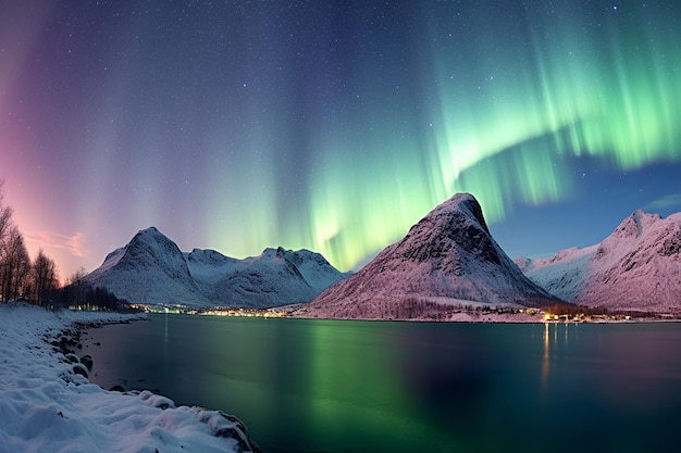 Aurora borealis nad pokrytą śniegiem górą